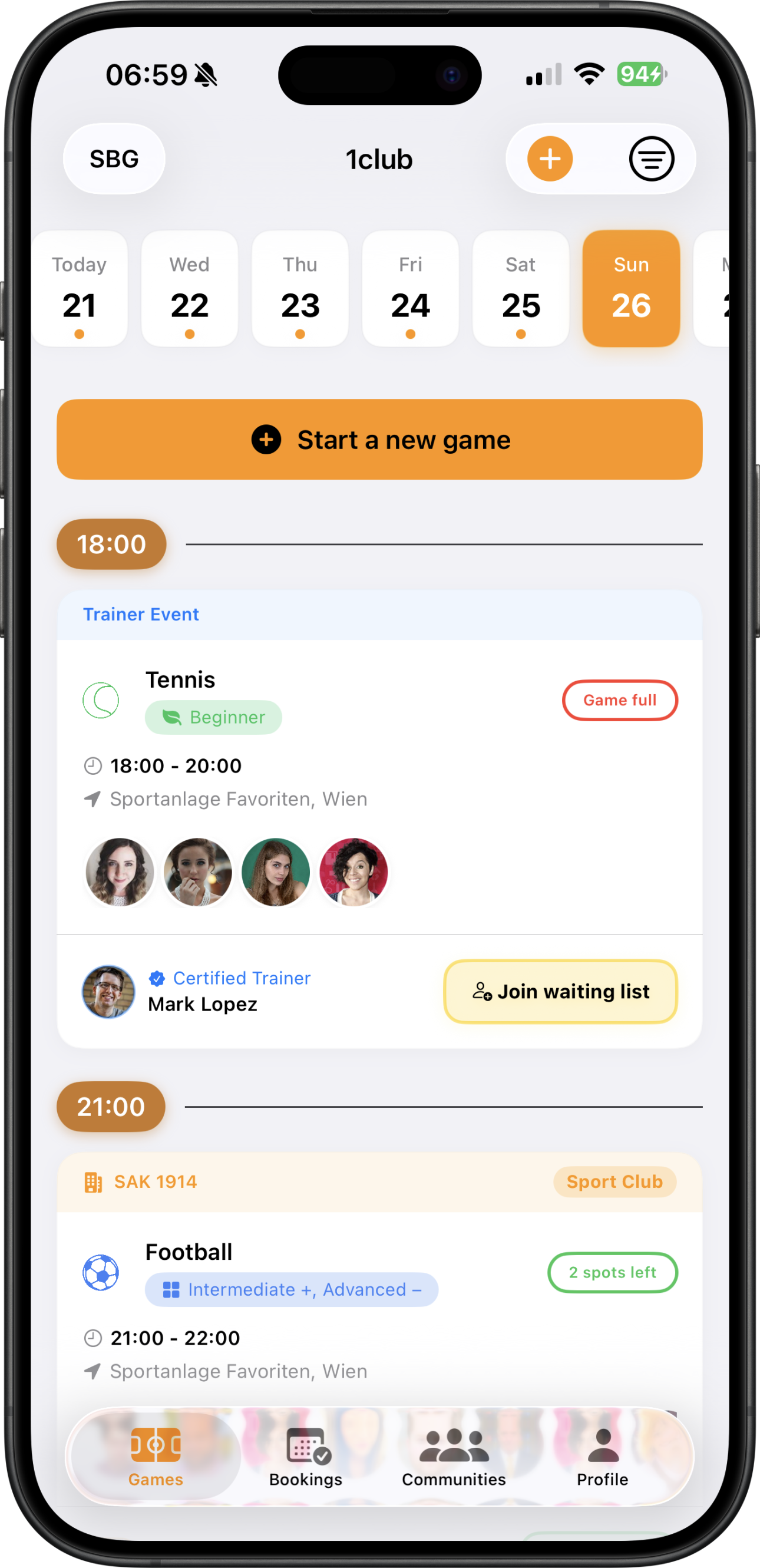1Club Trainer Session Screen